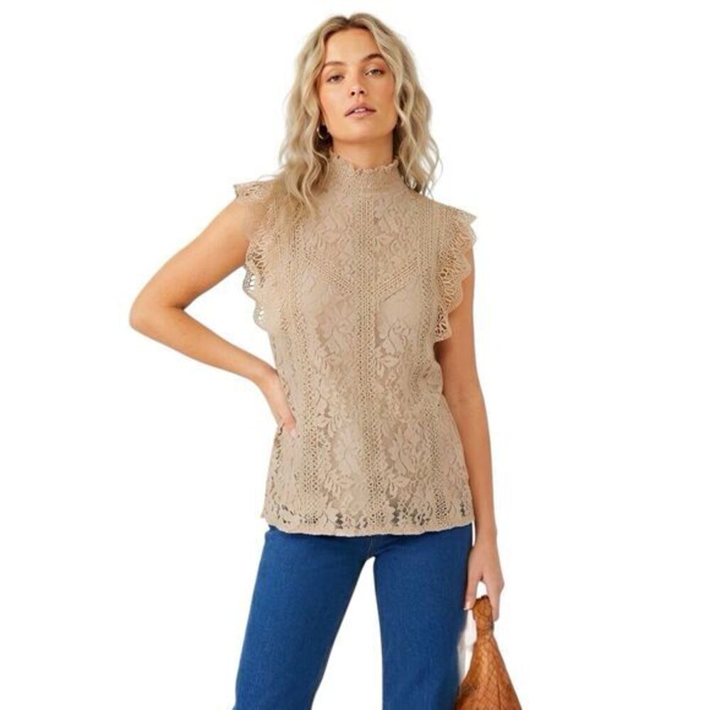 Cable & Gauge Womens Blouse Small Mock-neck Crochet Victorian Coquette Romantic